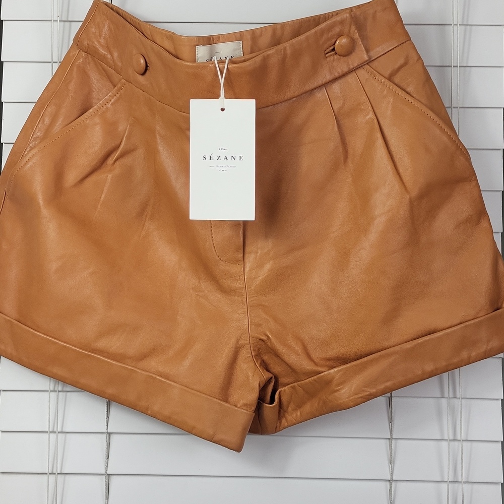 Sezane William Orange Leather High-Waist Cuffed Shorts - Tan. Size 6
